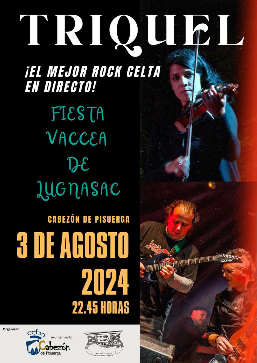 TRIQUEL, 3 Ag, 22:45 h, Lugnasac Fest 24
<a href="/cabezondepisu/">Cabezón de Pisuerga</a> 
#conciertos #rockcelta #musica #cabezondepisuerga #celta #vacceos @CastillaDiario
<a href="/DiarioCyLMundo/">Diario de Castilla y León</a>
<a href="/eldiariocyl/">elDiario.es Castilla y León</a>
<a href="/ABC_CastyLeon/">ABC Castilla y León</a>
<a href="/RTVEcyl/">RTVE Castilla y León</a>
<a href="/noticiascyl/">El Español- Noticias de CyL</a>
<a href="/la8valladolid/">La 8 Valladolid</a>
<a href="/AgenciaIcal/">Agencia Ical</a>
<a href="/todopvceladolid/">Todopvceladolid_Altitud 698</a>
<a href="/ConciertosVa/">ConciertosValladolid</a>
<a href="/conciertosvall/">conciertosvalladolid</a>