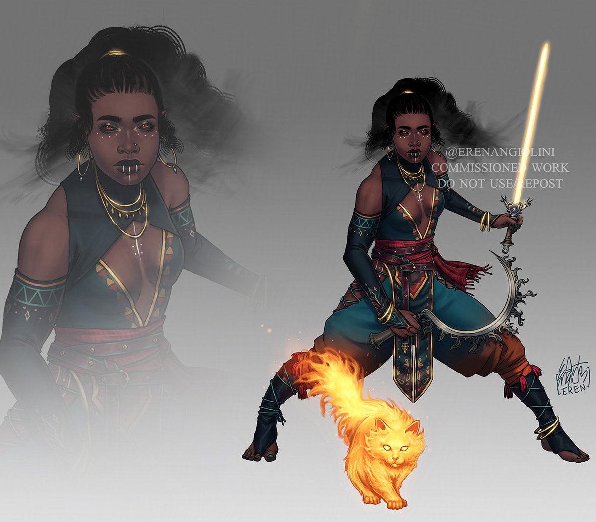 CinnStuff's tweet image. I keep forgetting I haven&apos;t posted this yet but @ErenAngiolini did in amazing job on this commission of my fire genasi Makda (they/them) I can&apos;t stop looking at it!