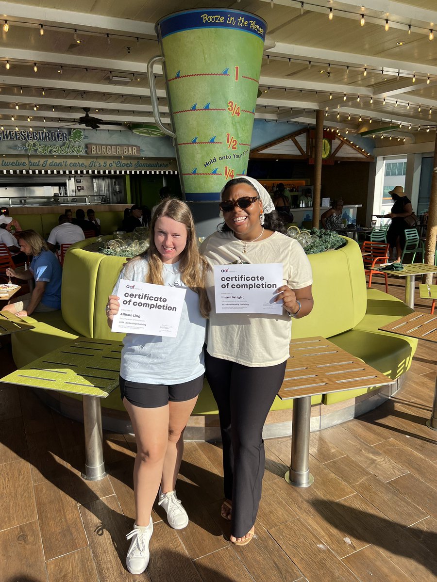 AAFPensacola's tweet photo. 2024 Leadership Training complete! ✅
President Imani Wright &amp; Vice President Allison Ling sailed away on the Margaritaville at Sea Paradise with other leaders of @4aaf this weekend to prepare for their upcoming 2024-2025 term. 🚢 https://t.co/MooLbzLpQx