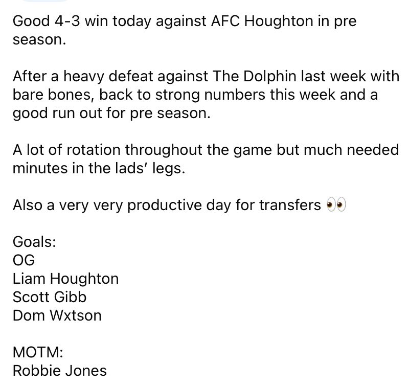 Thanks to Liam and the lads at AFC Houghton for a great pre season game.

Played in very good spirit from both teams 

I know people are adamant we are folding… far from it 👀 ✍️