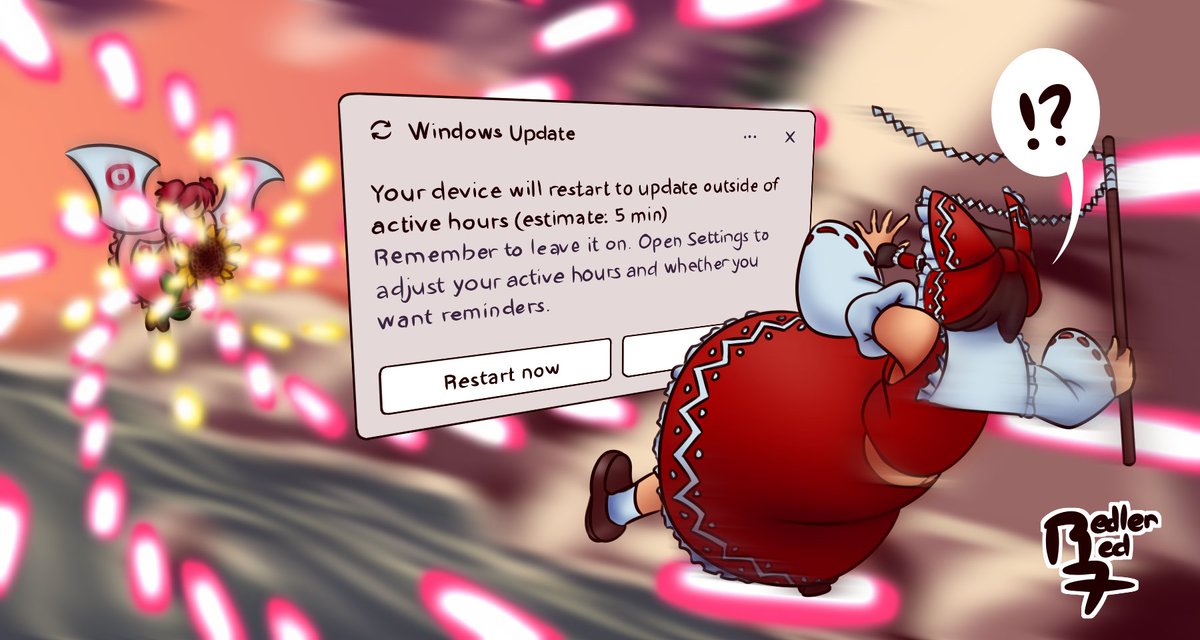 redlerred7's tweet photo. Windows Notif Disturbs a Match
Based on a moment from the @touhouworldcup 2024 MoF Lunatic Scoring match where Inanak's PC gave him a notification during Stage 3. It wasn't actually clear if it was a Windows update, but it would be funny if it was
#東方Project #博麗霊夢 #TWC2024 https://t.co/b7X7DgfVr4