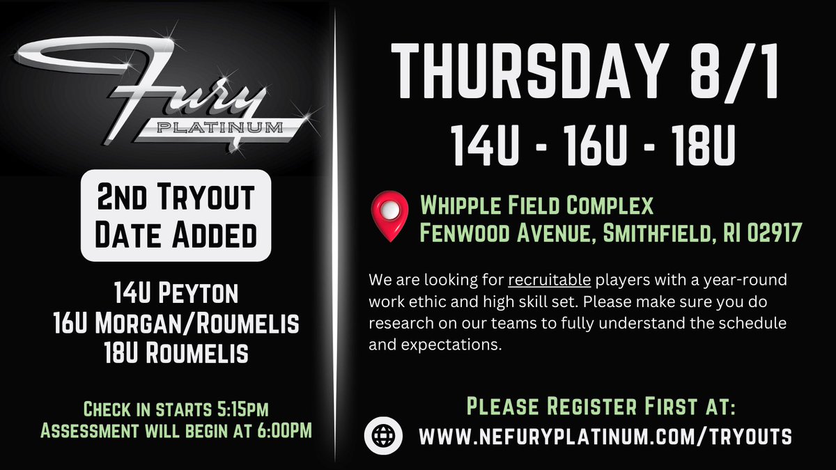 Fury Platinum 18U Roumelis (@fpne18uroumelis) on Twitter photo Few spots remain for 16U and 18U, may be last chance to be seen. DM or email us if you can’t make it but are genuinely interested. 14U Peyton team is off to a hot start… get there! 💪🏼 🤍🖤🩶@FPNE16UMorgan <a href="/CoachpeytonSB/">Peyton Schnackenberg</a> Few spots remain for 16U and 18U, may be last chance to be seen. DM or email us if you can’t make it but are genuinely interested. 14U Peyton team is off to a hot start… get there! 💪🏼 🤍🖤🩶@FPNE16UMorgan <a href="/CoachpeytonSB/">Peyton Schnackenberg</a>