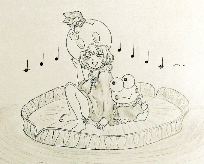 「羽きょーに教えてもらったからスイカ知ってるんだよ!一緒に歌うんだよけ○っぴ♫」🐸とてる坊が葉に乗った☀️公式イラストが可愛かったので参考にしました。1日遅れの🍉の日ということでおやせかです (音符描かなければよかった…)#dcst 