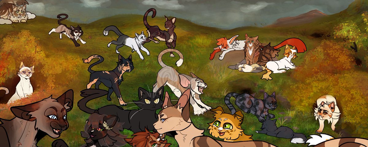 Finished my Windclan mass attack !! Proud of it considering I have no idea what to do for backgrounds 😭😭 featuring 20 cats !! 18 attacked in all hehe 💕 #artfight #warriorcats