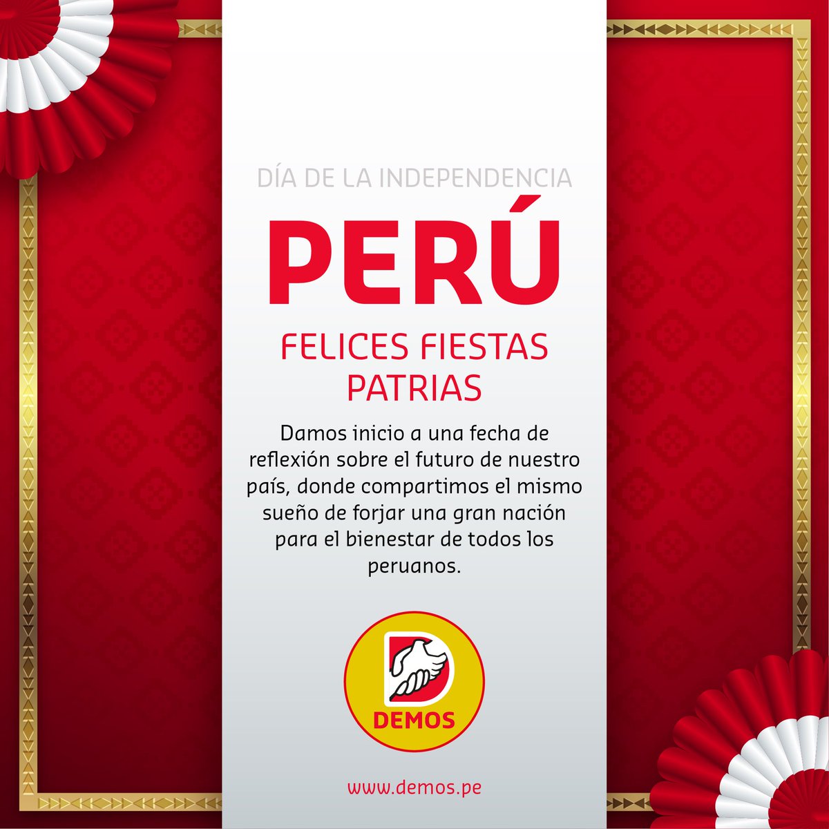 Demos_Peru's tweet photo. 🔴🟡 ¡FELICES FIESTAS PATRIAS, PERÚ!

A lo largo y ancho de nuestro país, hoy celebramos 203 años de nuestra independencia. 

#DEMOSElCambio #DEMOSYA https://t.co/hl1kZIYwRc
