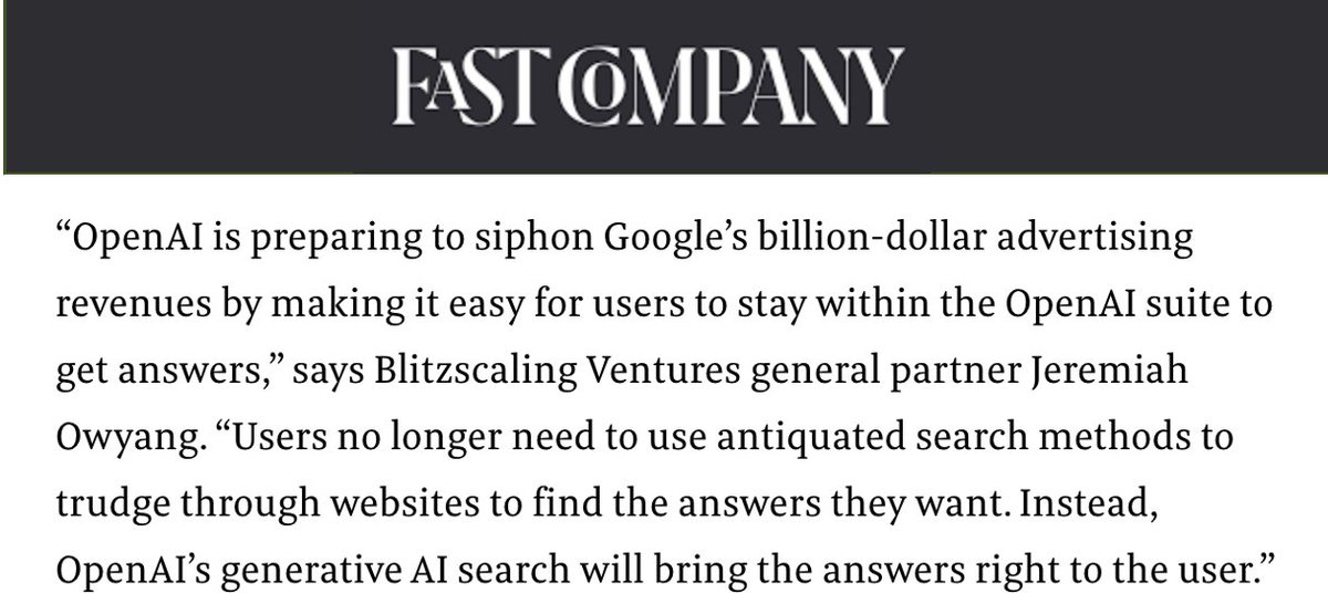 I told Fast Company that no one is safe from AI --even the tech giants like Google. 

Two years ago, it would have been unthinkable that the $2 trillion Google would be threatened by a tiny startup.

Last week, OpenAI launched SearchGPT, which helps users get all the answers from