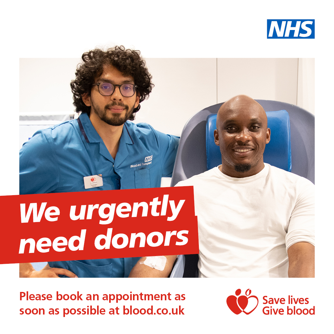 We currently have lower than normal stocks of type O blood — the most demanded by hospitals and emergency services. Your donation can make a big difference!

Find your nearest donation point: my.blood.co.uk/your-account/w… or call 0300 123 23 23.

@givebloodnhs