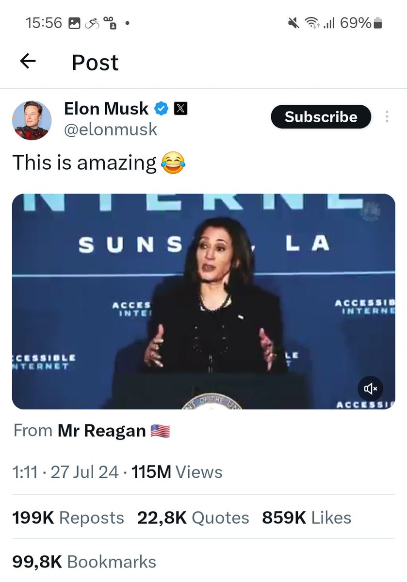 Musk als vleesgeworden desinformatie-algoritme.
Links: deepfake van Harris, mét het woord PARODY erboven.
Rechts: door Musk gejatte deepfake van Harris, zonder het woord PARODY erboven.
Het origineel heeft tot dusver 650 duizend views. Musks versie 115 miljoen.