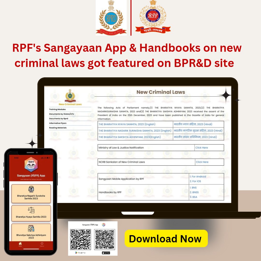 RPF_INDIA's tweet image. #RPF&apos;s Sangayaan App &amp;amp; Handbooks on the new criminal laws are now featured on @BPRDIndia website alongside other legal references,
enhancing access to #LegalKnowledge nationwide.

Check here: bprd.nic.in/page/new_crimi…

#SangyaanApp
#BNS #BNSS #BSA @HMOIndia @RailMinIndia