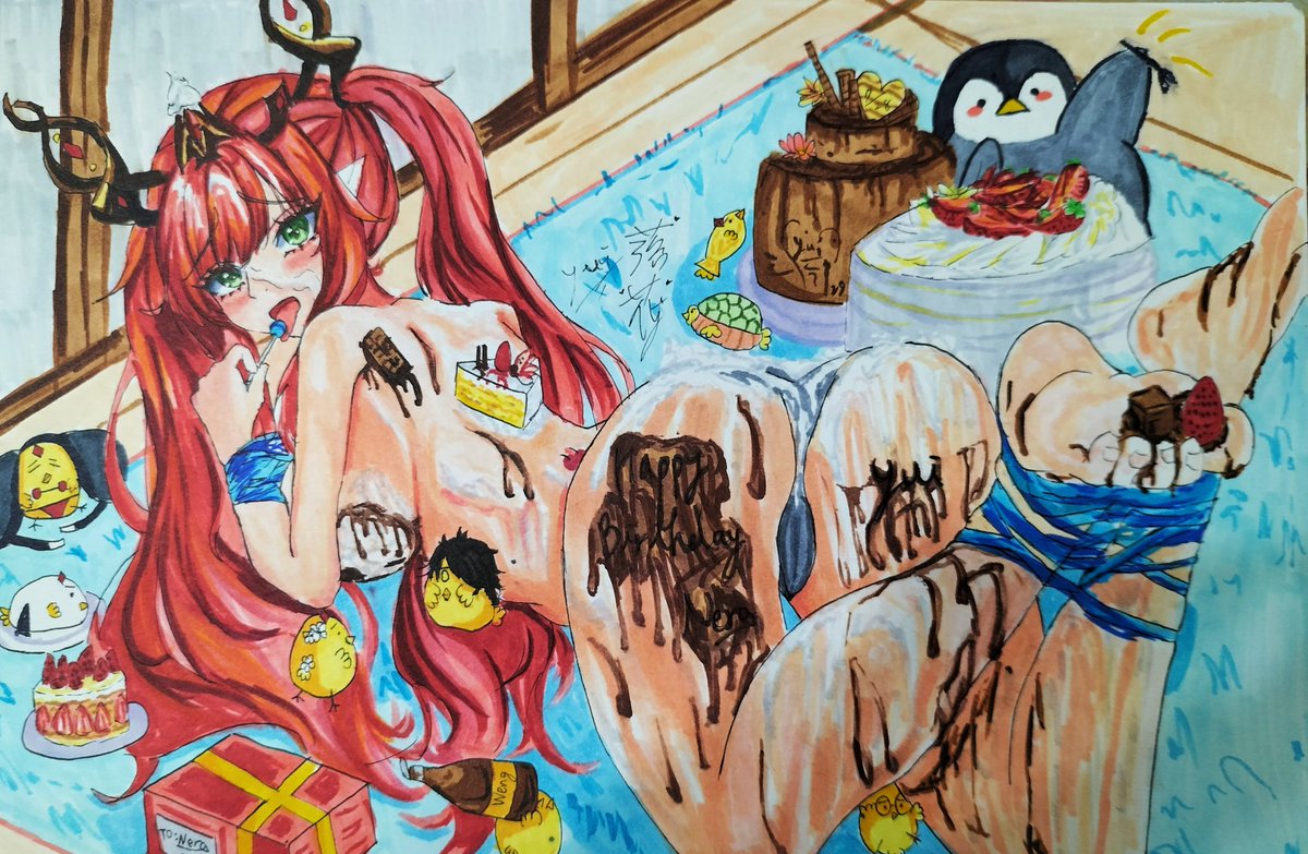 yui0887's tweet photo. 生日賀圖！！！！
印象中涅菈是我第二位畫生日賀圖的vtuber
寄出去當作禮物 涅菈是第一位！
第一次嘗試全身+全彩背景
就獻給涅菈了
內有小菈雞彩蛋 可以猜猜誰是誰（我送出去才發現有地方沒塗到色...
答案在留言區

生日就是要ㄘ蛋糕 所以就送涅菈蛋糕給涅菈
第一次送vt禮物好緊張
#過來看菈 #魔王塗鑑 https://t.co/NDPKmsCDHs