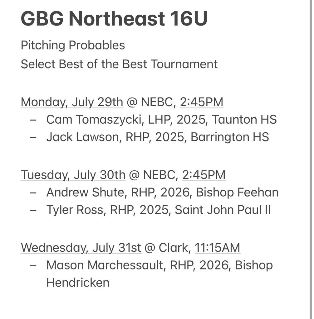 GBG Northeast Hawks (@gbg_hawks) on Twitter photo GBG Northeast 16U Pitching Probables
<a href="/selectbsbevents/">Select Baseball</a> Best of the Best
<a href="/JoeBreenRBI/">𝐂𝐨𝐚𝐜𝐡 𝐉𝐨𝐞 𝐁𝐫𝐞𝐞𝐧</a> <a href="/CoachWelchRBI/">Chris Welch</a> <a href="/GBGbaseballUSA/">GBG Baseball USA</a> <a href="/CameronTomaszy3/">Cameron Tomaszycki</a> <a href="/Jacklawson1423/">Jack Lawson 2025</a> <a href="/Shute13Andrew/">Andrew Shute</a> <a href="/TyRoss44402358/">Tyler Ross</a> <a href="/masonmarch35/">Mason Marchessault</a> GBG Northeast 16U Pitching Probables
<a href="/selectbsbevents/">Select Baseball</a> Best of the Best
<a href="/JoeBreenRBI/">𝐂𝐨𝐚𝐜𝐡 𝐉𝐨𝐞 𝐁𝐫𝐞𝐞𝐧</a> <a href="/CoachWelchRBI/">Chris Welch</a> <a href="/GBGbaseballUSA/">GBG Baseball USA</a> <a href="/CameronTomaszy3/">Cameron Tomaszycki</a> <a href="/Jacklawson1423/">Jack Lawson 2025</a> <a href="/Shute13Andrew/">Andrew Shute</a> <a href="/TyRoss44402358/">Tyler Ross</a> <a href="/masonmarch35/">Mason Marchessault</a>