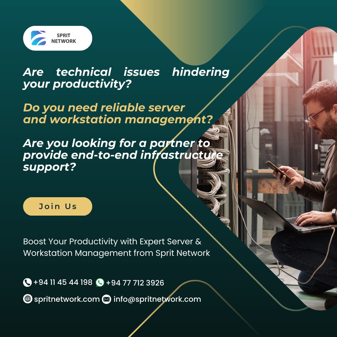 spritnetwork's tweet image. Boost your productivity with Sprit Network&apos;s expert server &amp;amp; workstation management! Reliable support and end-to-end infrastructure solutions.  #SpritNetwork #ServerandWorkstationManagement

Contact us: 📱+94 77 712 3926 🌐 spritnetwork.com ✉️ info@spritnetwork.com