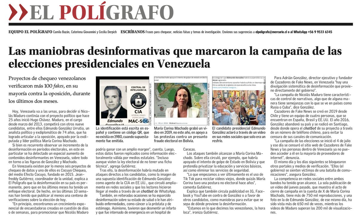 Las maniobras desinformativas que marcaron la campaña de las elecciones presidenciales en Venezuela.
<a href="/jeanfreddy/">Jeanfreddy Gutiérrez Torres</a> de <a href="/EfectoCocuyo/">Efecto Cocuyo</a>  y Adrián González de <a href="/cazamosfakenews/">Cazadores de Fake News</a> relatan su experiencia durante este proceso.