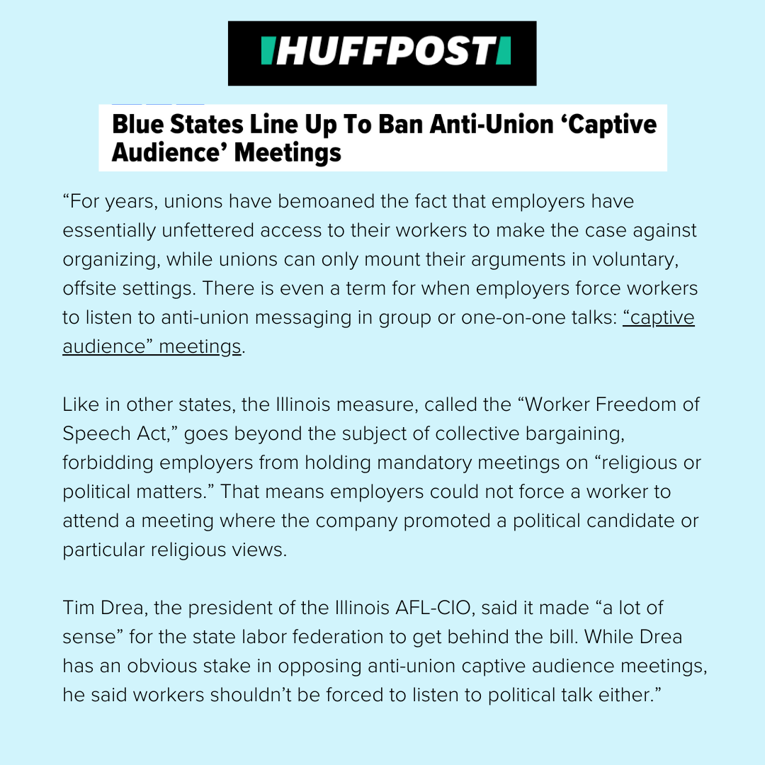 We believe that all workers should be able to walk away from unwanted political or religious rhetoric at work without fear of retaliation. That's why we passed the Illinois Worker Freedom of Speech Act.

bit.ly/3ykJq88

#1u
