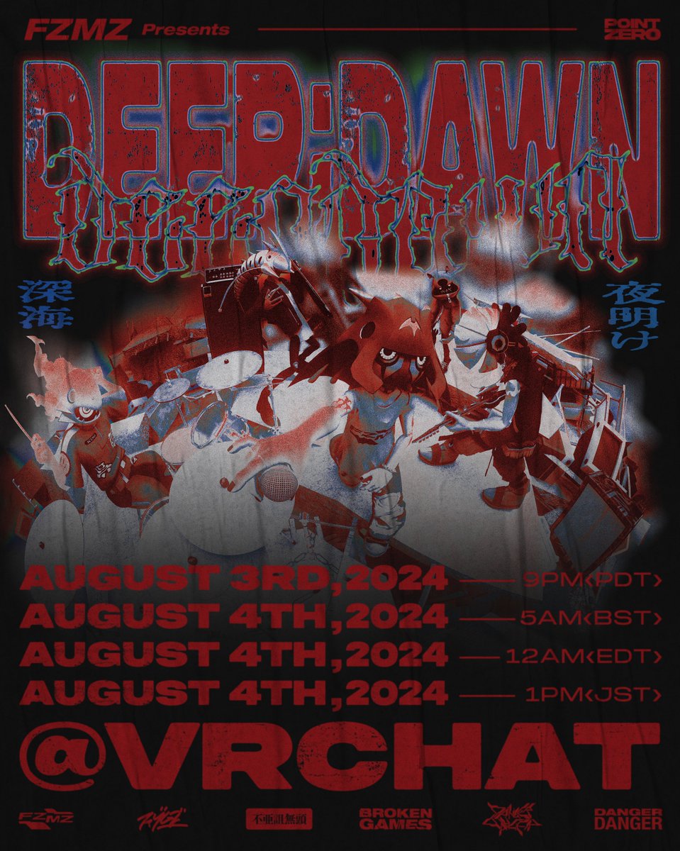 𝗙𝗭𝗠𝗭 𝟭𝘀𝘁 𝗟𝗜𝗩𝗘
"𝗗𝗘𝗘𝗣:𝗗𝗔𝗪𝗡"

🔥 2度目の再演が決定!!! 🔥
⚠今回が本公演最後のアンコール上演となります⚠

8/4(日) 13:00 (日本時間)
on #VRChat 🥽

是非VRChatでお楽しみください 👀✨

🌎 ワールドURL / 参加方法はこちら 📷 
▶ fzmz.jp/news/in.html?i…

#FZMZ 
#DEEPDAWN