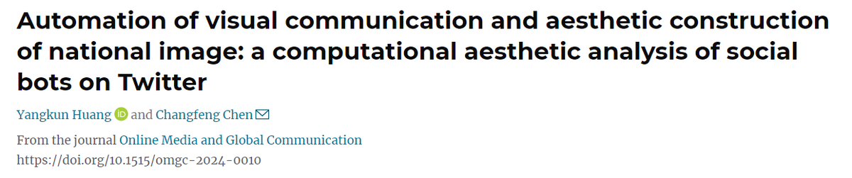 LabOmgc93595's tweet image. Are you captivated by the idea that aesthetics and visuals are shaping our perception of national identity? Read this paper!#SocialBots #ComputationalAesthetics
From the journal Online Media and Global Communication
doi.org/10.1515/omgc-2…