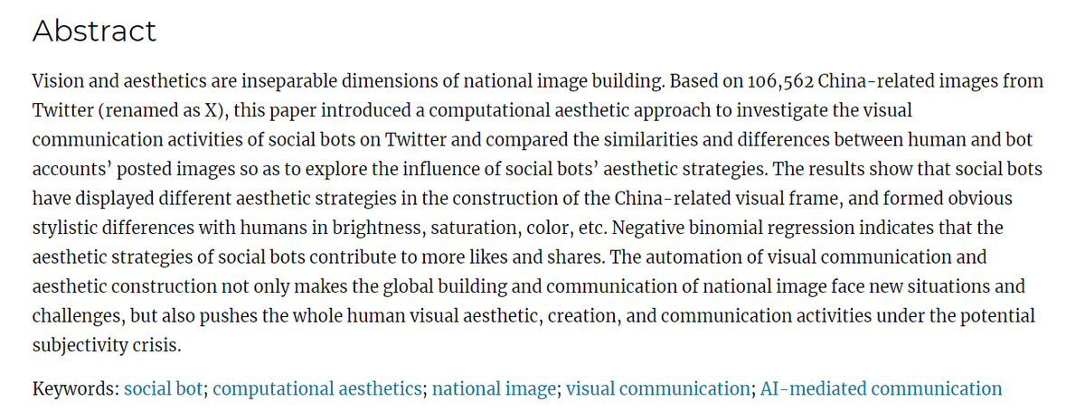 LabOmgc93595's tweet image. Are you captivated by the idea that aesthetics and visuals are shaping our perception of national identity? Read this paper!#SocialBots #ComputationalAesthetics
From the journal Online Media and Global Communication
doi.org/10.1515/omgc-2…
