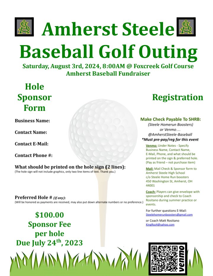 Amherst Steele Baseball (@ashsbaseball) on Twitter photo We are still taking foursomes and hole sponsors until Wednesday morning! Don’t miss out on this great event! Email steelehomerunboosters@gmail.com to enter a foursome or sponsor a hole today! #GoComets☄️ We are still taking foursomes and hole sponsors until Wednesday morning! Don’t miss out on this great event! Email steelehomerunboosters@gmail.com to enter a foursome or sponsor a hole today! #GoComets☄️