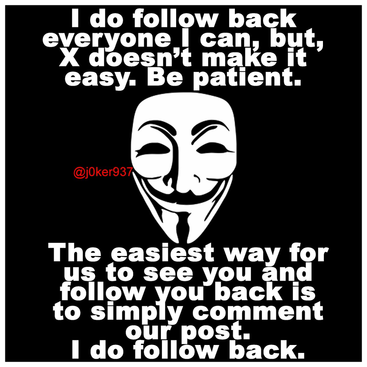 j0ker937's tweet image. Sometimes it takes a day or two, but I follow back all those I see. X doesn't make it easy for people once they pass a certain number. I really wish Elon would figure out a better system. Really, no fluffin', the easiest way for most to see you is to just leave a comment. 🃏👑