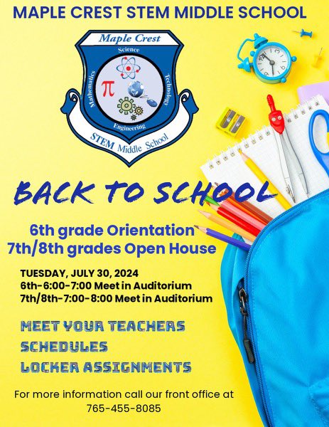 TWO DAYS, MCMS KATS!! We are so excited to kickoff the 24-25 school year with 6th grade orientation at 6:00 and 7/8 open house at 7:00! Plan to start your evening in the auditorium on Tuesday, July 30! ❤️✏️💙