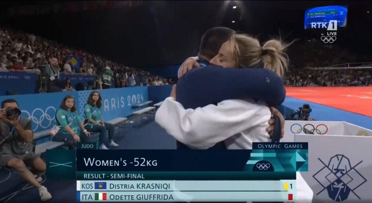 admirim's tweet image. Historic: 

Kosovo secures its first medal at #Paris2024 and its 4th medal in 3 Olympic Games.

Distria Krasniqi becomes the first athlete from Kosovo to win a medal in two Olympic Games.

She defeats Italy's Odette Giuffrida to qualify for the final.