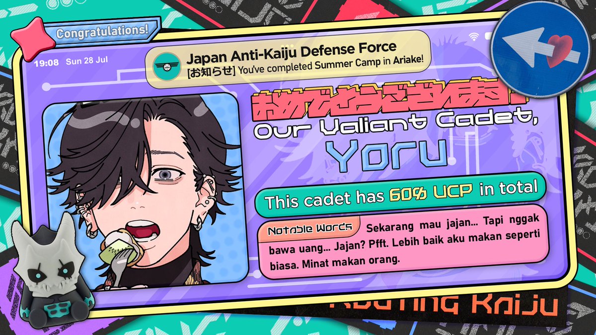 Here, I, as one of the cadets of JAKDF, reported that I have done every task in summer camp! During the training session, I fulfilled the requirements to defeat several kaijus that appeared. By this report, I declare that Yoru is going off duty!