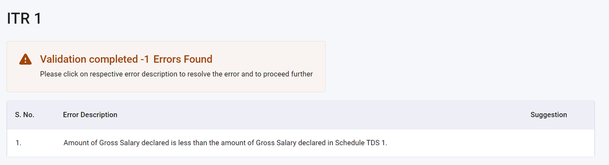 AnshJay10's tweet photo. Salary reflected in 26AS is exactly same as shown in ITR 1. But still upon validation, getting this error. The error says, "Amount of Gross salary declared is less than the Gross salary declared in schedule TDS 1".
#incometaxwebsite #Incometax_site_not_working
@IncomeTaxIndia https://t.co/GGLINJFx0S