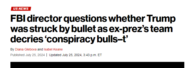 smc429's tweet photo. It should be a bigger deal that the head of our FBI said he wasn't sure what hit Trump and then after the Trump and Republicans went wild, he said it definitely was a bullet. This is based on the word of a drunken unlicensed doctor. See how the FBI folds for Republicans and we wonder why nothing was done for the last four years to clean up DC. That's ridiculous that he did that. He didn't even cite a basis for changing his story. That's fucking crazy. Get him out of here.