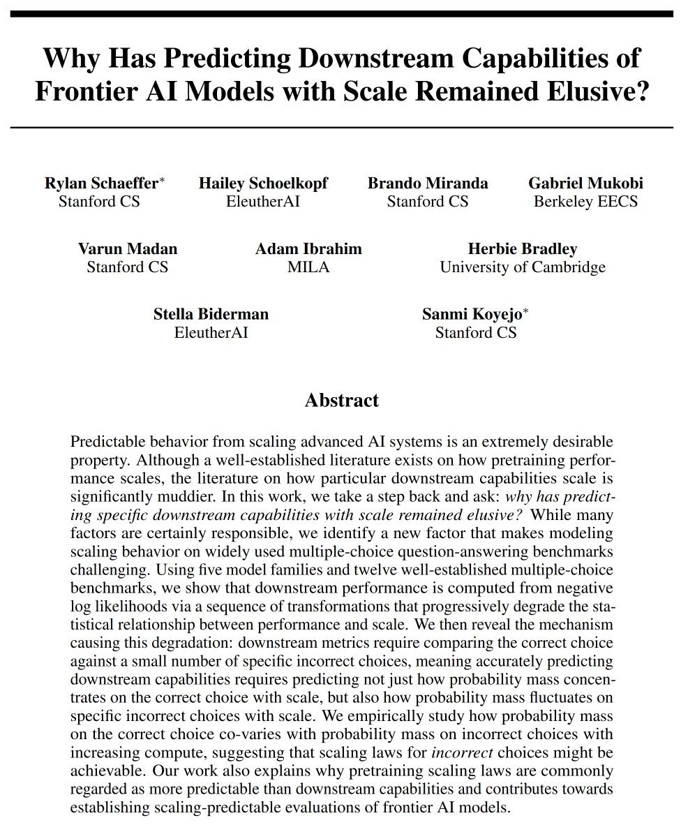 Rylan Schaeffer (@rylanschaeffer) on Twitter photo I sadly couldn't attend #ICML2024 but our paper received ✨Outstanding Paper ✨ at the <a href="/TiFA_ICML2024/">TiFA Workshop ICML</a> workshop!
📈🤔 Why Has Predicting Downstream Capabilities of Frontier AI Models with Scale Remained Elusive? 📈🤔
Why should you care?
1/N I sadly couldn't attend #ICML2024 but our paper received ✨Outstanding Paper ✨ at the <a href="/TiFA_ICML2024/">TiFA Workshop ICML</a> workshop!
📈🤔 Why Has Predicting Downstream Capabilities of Frontier AI Models with Scale Remained Elusive? 📈🤔
Why should you care?
1/N