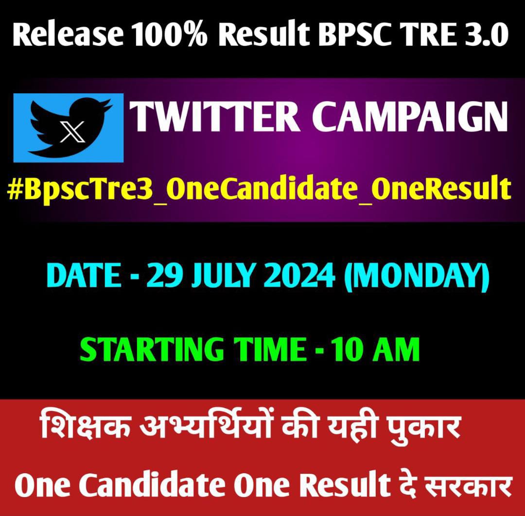 तमाम शिक्षक अभ्यर्थियों से आग्रह है कि अपने हक के लिए इस ट्विटर आंदोलन का हिस्सा बनें और वन कैंडिडेट वन रिजल्ट देने की मांग करते हुए जमकर ट्वीट करें।
#BpscTre3_OneCandidate_OneResult
                      धन्यवाद
             साहित्य आजकल