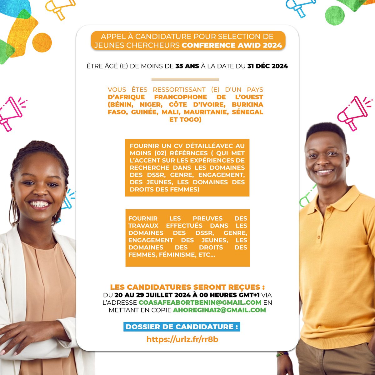 L'appel à candidature pour la sélection de jeunes chercheurs pour assister à la conférence AWID 2024 est toujours ouvert. 

Saisissez votre chance dès maintenant. 

Rendez-vous sur : urlz.fr/rr8b pour plus d'informations.