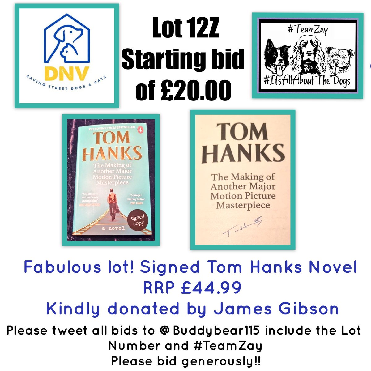 Nightowl400's tweet image. Lot 12Z

Kindly donated by James Gibson 

Starting bid of £20.00 please 🙏 

Signed Tom Hanks Novel RRP £44.99 grab yourself an absolute bargain!

Please Tweet all bids to @Buddybear115 include the Lot Number and #TeamZay 
Please bid generously 🙏