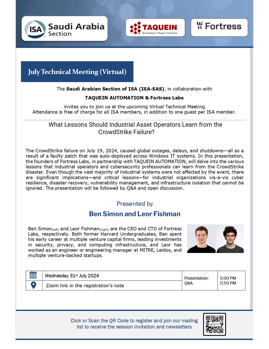 ISASaudi's tweet photo. 📢 Attention ISA Members! Join us in our Technical Meeting on Wednesday, July 31, 2024 at 5 pm, in collaboration with TAQUEIN AUTOMATION &amp; Fortress Labs. 📷 Check your ISA Connect for registration and link details. Don't miss out on this exciting event! #ISA #TechnicalMeeting https://t.co/z3Ep8I7NEN