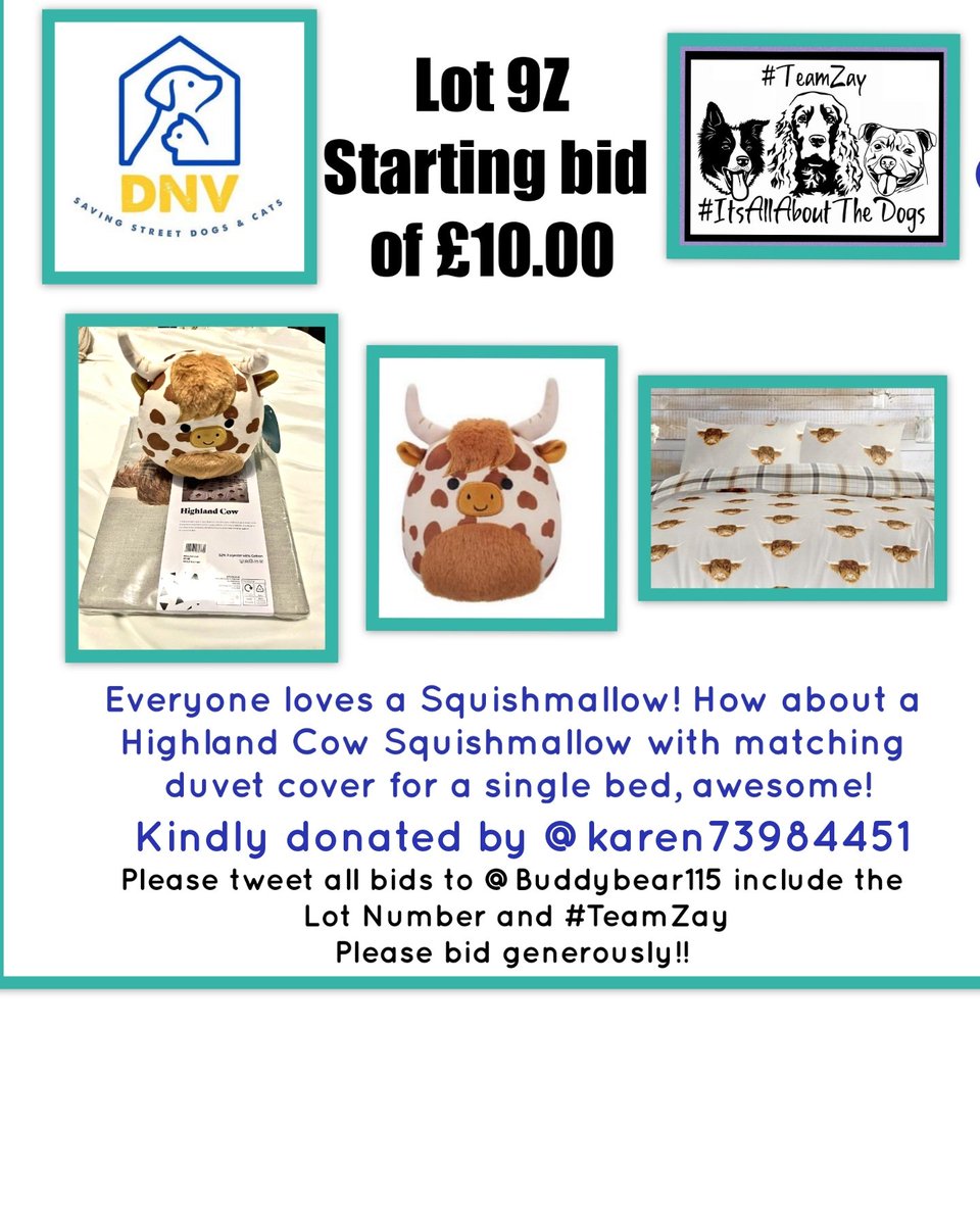 Nightowl400's tweet image. Lot 9Z

Kindly donated by @karen73984451

Starting bid of £10.00 please 🙏 

Highland cow lovers this is for you!
Squishmallow and single duvet cover, both with Highland cow design 

Please Tweet all bids to @Buddybear115 include the Lot Number and #TeamZay 
Pls bid generously 🙏