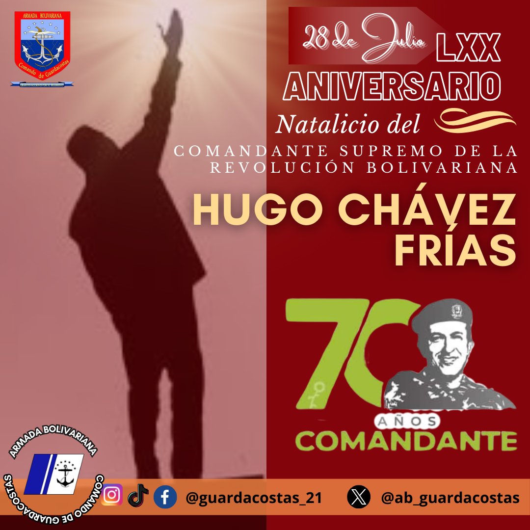 #Hoy #28Jul Conmemoramos el Natalicio de un Gigante de América y Líder de la Revolución Bolivariana: Hugo Chávez Frías, cuyos ideales Bolivarianos y Libertarios despertaron a una Patria que no se doblegará nunca más ante imperialismo ni oligarquía.
¡Guardacostas Somos Todos!