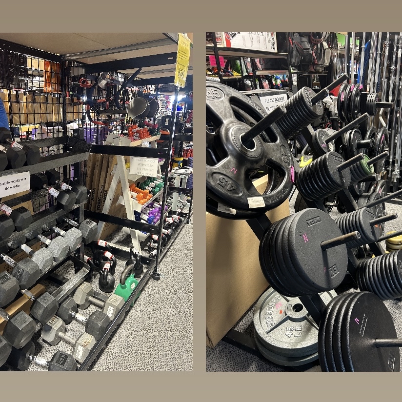 Check out our fitness aisle! We have vinyl dumbbells, rubber dumbbells, weight plates, resistance bands, and more. Call or come in for more information. #PlayItAgainSports #Milton #Weights #Fitness