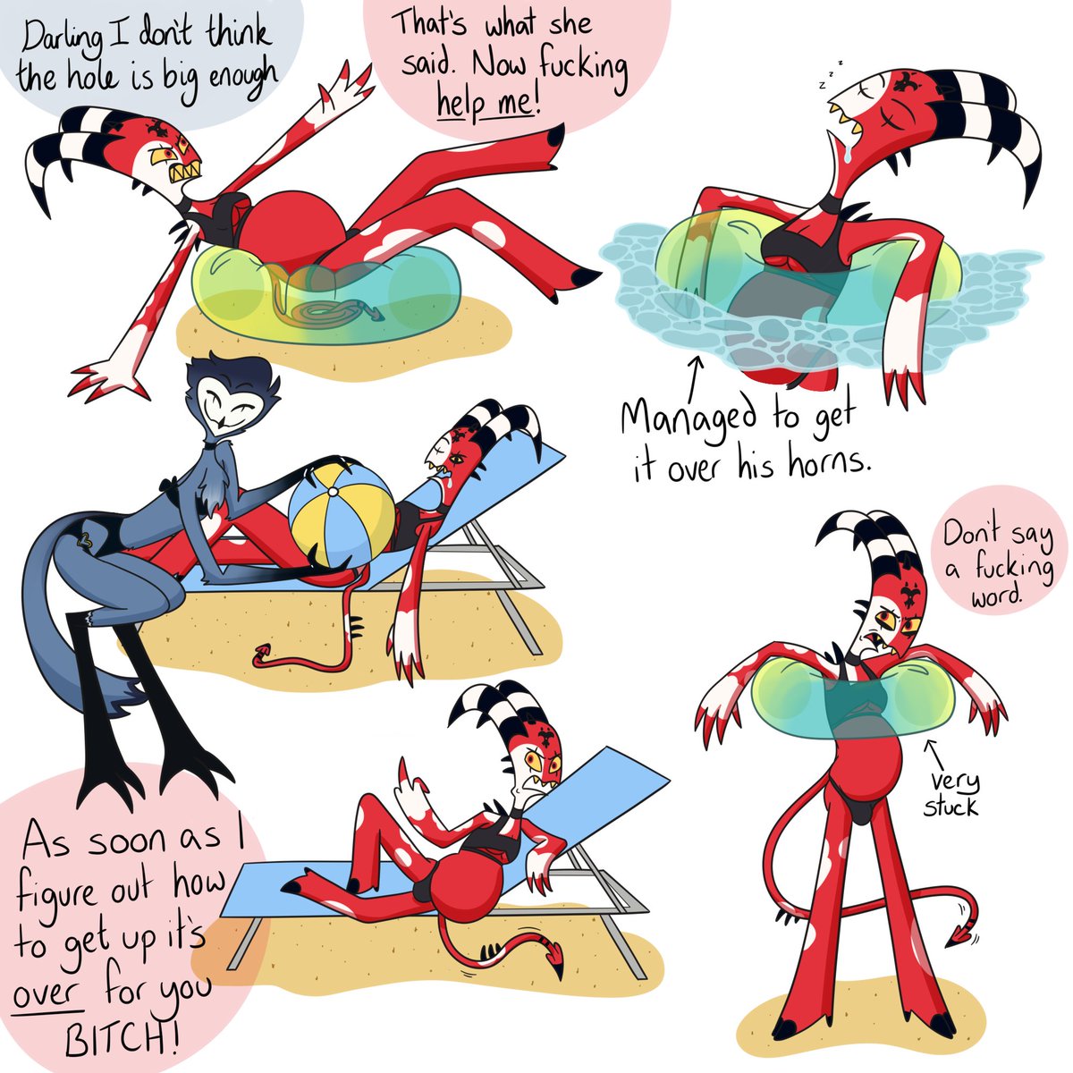 helluvabutt's tweet image. Blitzø sure had a day at the beach 
(don&apos;t worry, the babies wanted ice cream and Stolas can&apos;t so no to the Blitzø+baby combo so he got the biggest sundae to make up for it)