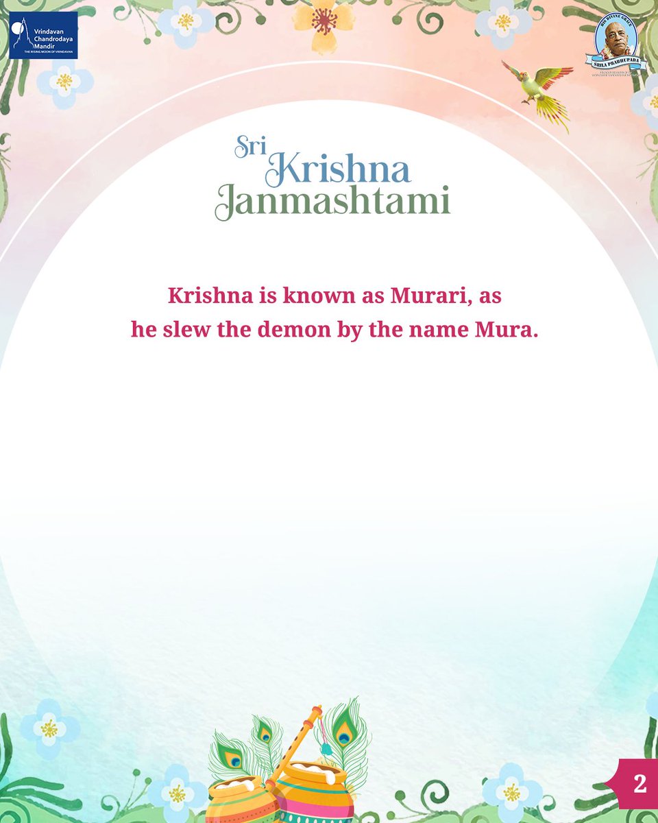 VCMVrindavan's tweet photo. 🪷Murari🪷
Krishna is known as Murari, as he slew the demon by the name mura.
🪷28 days to go for Sri Krishna Janmashtami
#VrindavanChandrodayaMandir #Vrindavan #tallesttemple #VCMwaliJanmashtami #Janmashtami #ExploreBraj #Murari #lila #Krishna #Radha #HareKrishna #SrilaPrabhupada #divine #Devotion #RadhaKrishna