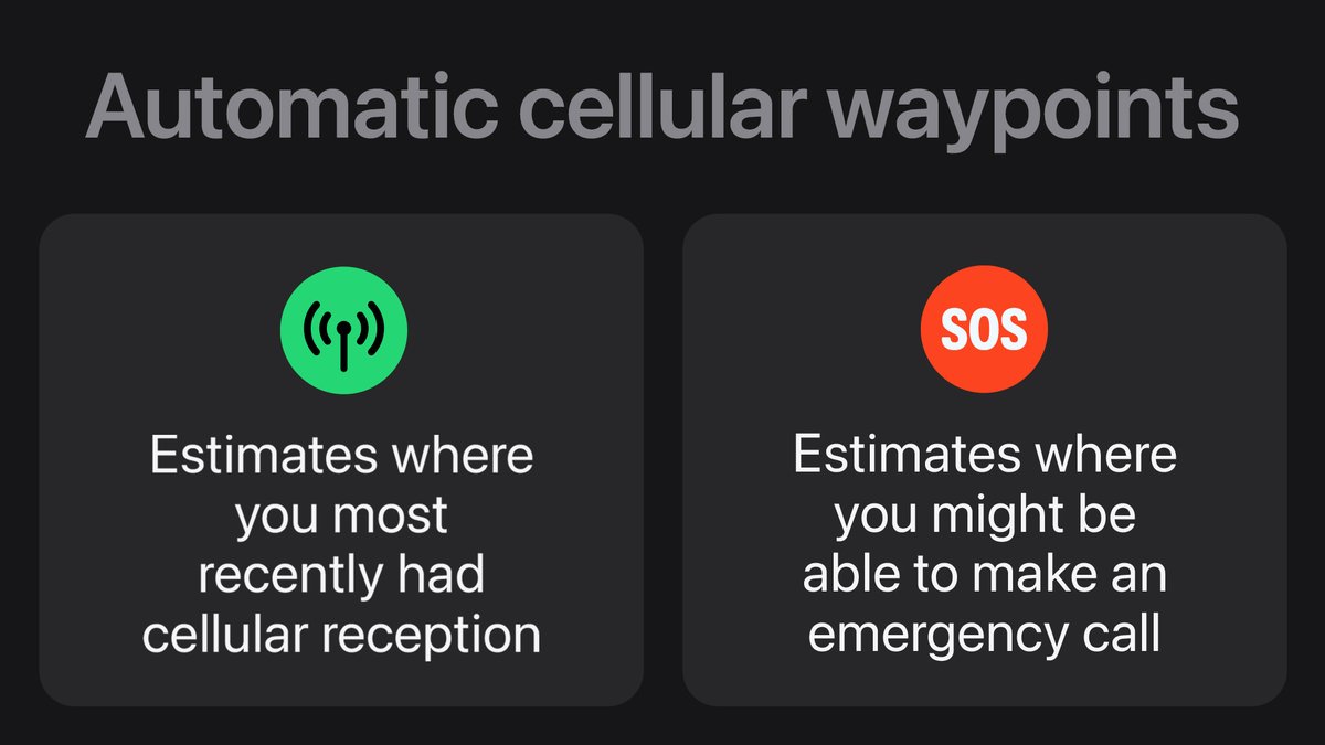AppleSupport's tweet photo. The Compass can show your elevation, plus automatic waypoints for approximately where you last had cellular reception and where you could make an emergency call.

Here’s how it works. https://t.co/OxEmmojwxP