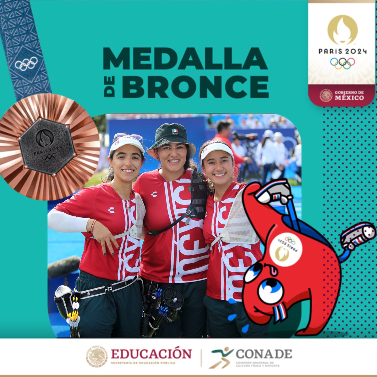 conadeoficial's tweet photo. ¡Cae la primera medalla! 🥉🇲🇽

El equipo femenil de Tiro con Arco, conquista el bronce en estos #JuegosOlimpicos de #París2024 de la mano de Alejandra Valencia, Ana Paula Vázquez y Ángela Ruiz. Abriendo el medallero para México. https://t.co/eWcFD91Vnc