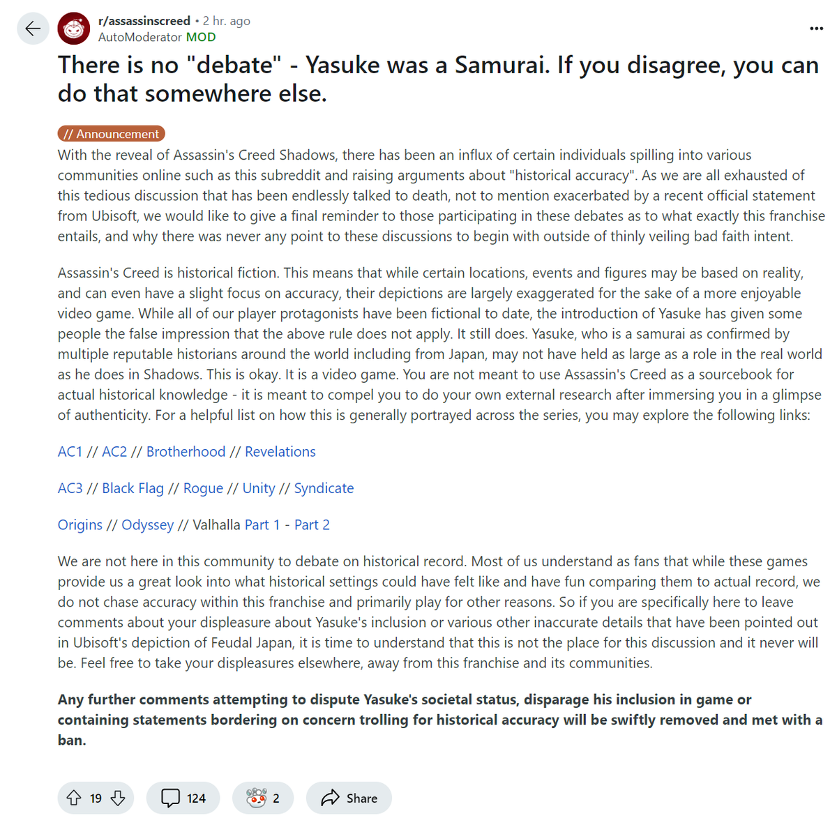 Grummz's tweet photo. Reddit's r/assassinscreed moderator says that, no matter what Ubisoft says, Yasuke as samurai is a fact and anyone saying otherwise would be banned.
By this logic, @Ubisoft itself would banned for posting their apology there, as they themselves admit the matter is under debate!