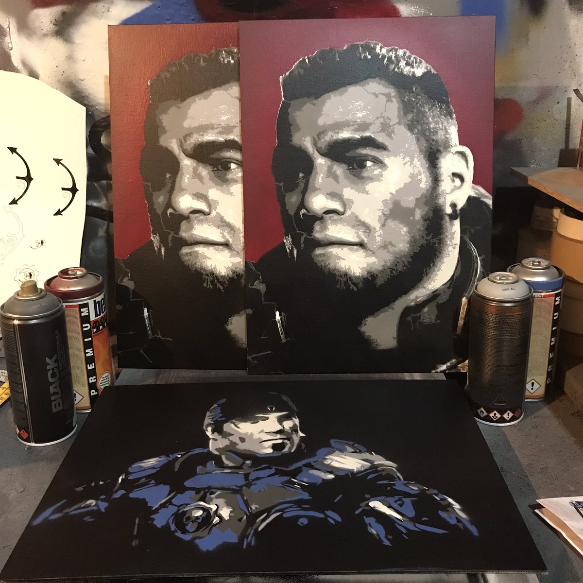 Bfl_Abdn's tweet photo. I have 2 #goweday Dom paintings left. Gonna give a free classic Marcus away with each one. All original, no prints. DM if you’re interested. #gearsofwar #stencilart #spraypaint @CoalitionGears @GearsofWar @GearsCommunity_ @RealCarlosFerro https://t.co/Ucz6FBgvug