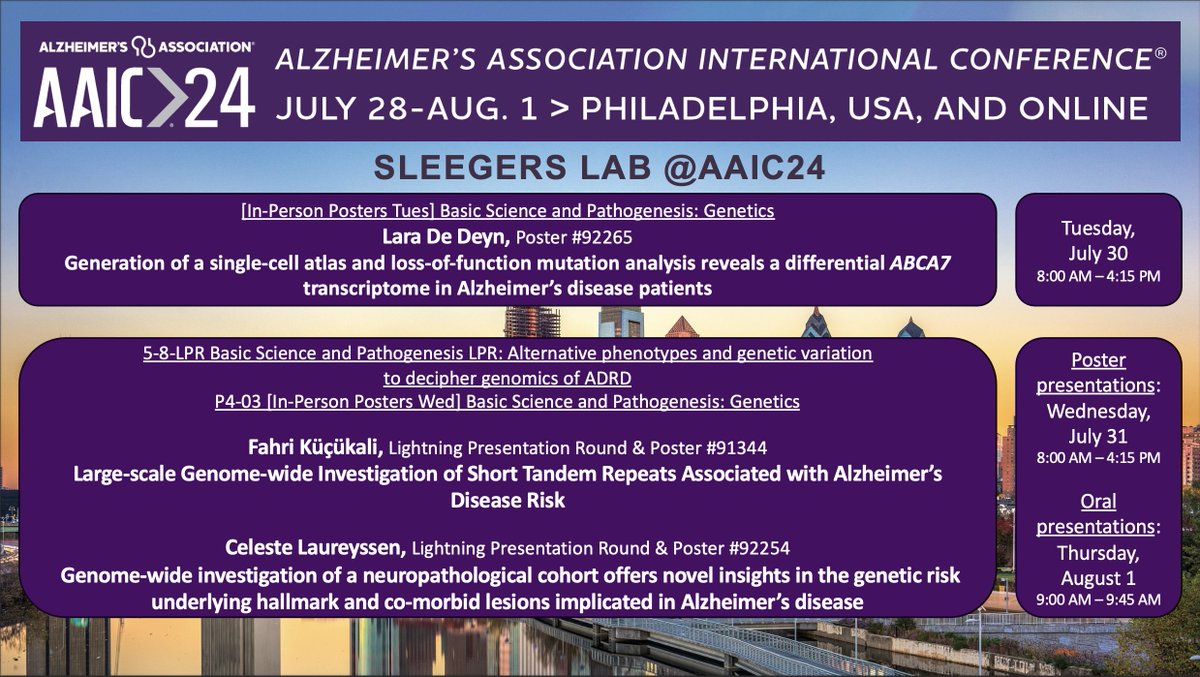 Sleegers Lab (@sleegerslab) on Twitter photo Happy and excited to be in Philly for #AAIC24!
<a href="/alzassociation/">Alzheimer's Association</a>
Come find us during the oral and poster presentations by our team members Lara De Deyn (<a href="/laraonearth/">Lara De Deyn</a>), Celeste Laureyssen (<a href="/CelesteLaureys1/">Celeste Laureyssen</a>), and Fahri Küçükali (<a href="/maegsul/">Fahri Küçükali</a>) on our recent work! 🧠🧬 Happy and excited to be in Philly for #AAIC24!
<a href="/alzassociation/">Alzheimer's Association</a>
Come find us during the oral and poster presentations by our team members Lara De Deyn (<a href="/laraonearth/">Lara De Deyn</a>), Celeste Laureyssen (<a href="/CelesteLaureys1/">Celeste Laureyssen</a>), and Fahri Küçükali (<a href="/maegsul/">Fahri Küçükali</a>) on our recent work! 🧠🧬