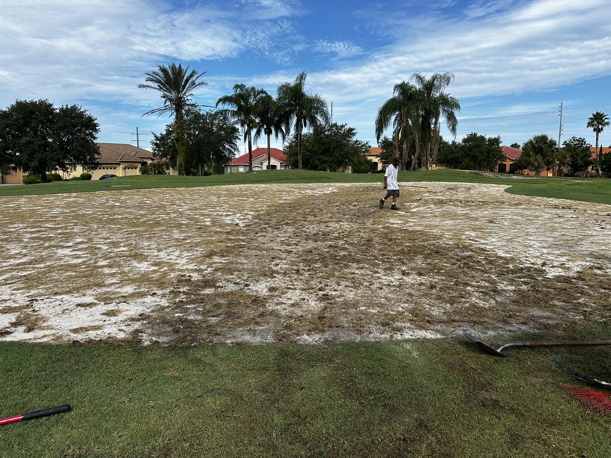 NateDV24's tweet photo. 2.75” of rain in about an hour was a little too much for sprigs that have only been down for 2 days.  3 day old sprigs were affected significantly less and 4 day old sprigs were not affected at all.  Huge shout out to the crew for staying late on a Sunday to fix the washouts! https://t.co/ThWnEYgCKC