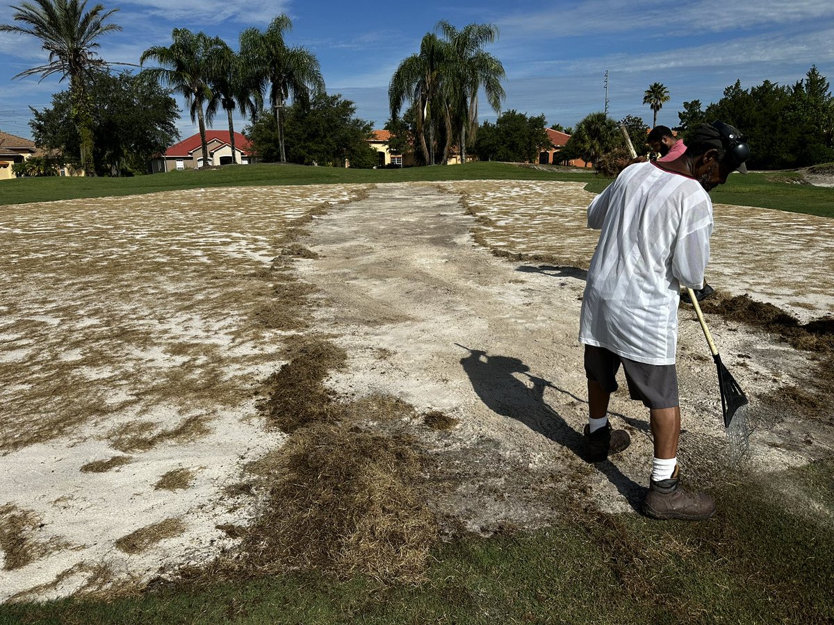 NateDV24's tweet photo. 2.75” of rain in about an hour was a little too much for sprigs that have only been down for 2 days.  3 day old sprigs were affected significantly less and 4 day old sprigs were not affected at all.  Huge shout out to the crew for staying late on a Sunday to fix the washouts! https://t.co/ThWnEYgCKC