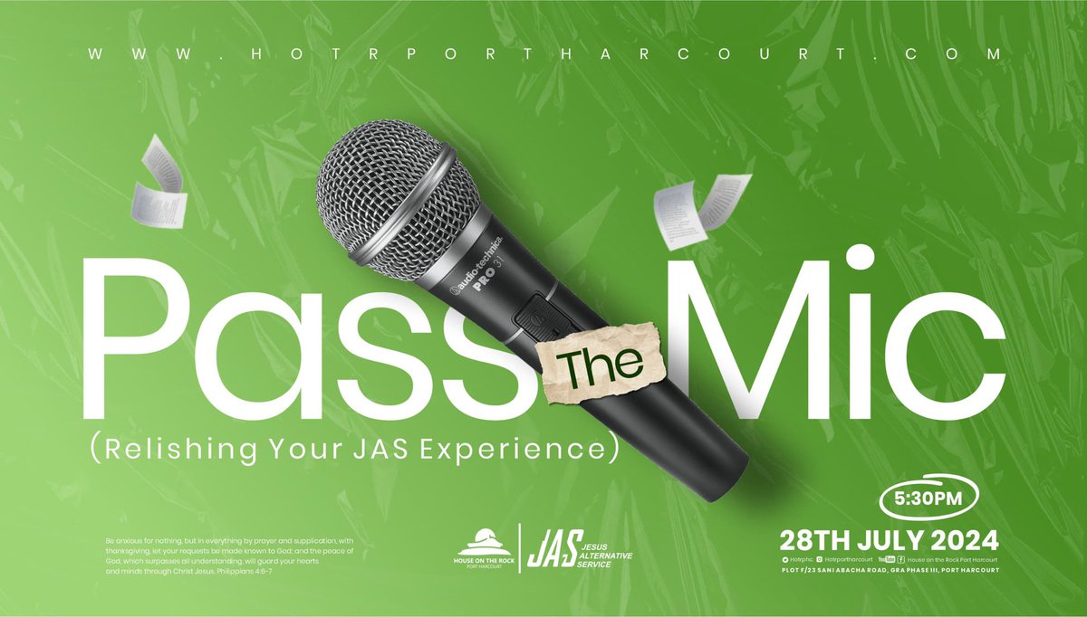 HOTRphc's tweet photo. Tonight at JAS, we're switching things up with Pass the Mic! 🎤 . We will be relieving our JAS Experiences.
Let’s make it a night of fun, praise, and worship.
Ministering in Music is Potter’s Treasure and Davies Gospel
#JAS
#JesusAlternativeService
#HouseOnTheRockPortHarcourt https://t.co/llYZLH6Kfz