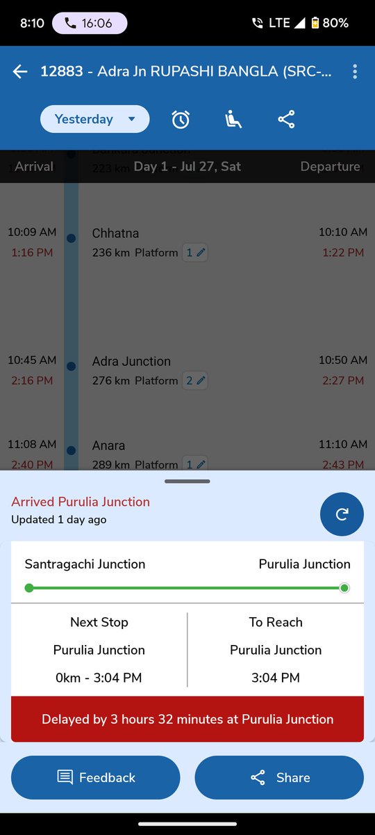 MySlf_Partha's tweet photo. @AnilMishra1603 Train No 12883 
28th Jul Delayed by 57min
27th Jul Delayed by 3hrs 32min
25th Jul Delayed by 2hrs 48min
22nd Jul Delayed by 1hrs 13min
Worse service provided by Adra Division under SER.They maintain train times only in the timetable as a documentary
@RailMinIndia https://t.co/wTf8FTIrDL
