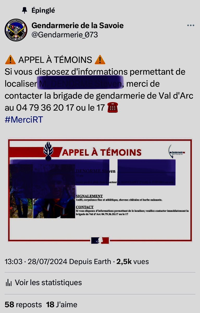 Gendarmerie_073's tweet photo. ⚠️‼️Montsapey (73)
La personne recherchée (homme d’une trentaine d’années) a été retrouvée saine et sauve. 
Merci de votre aide.
Fin de l’appel à témoins. https://t.co/SLYQaOLRBp