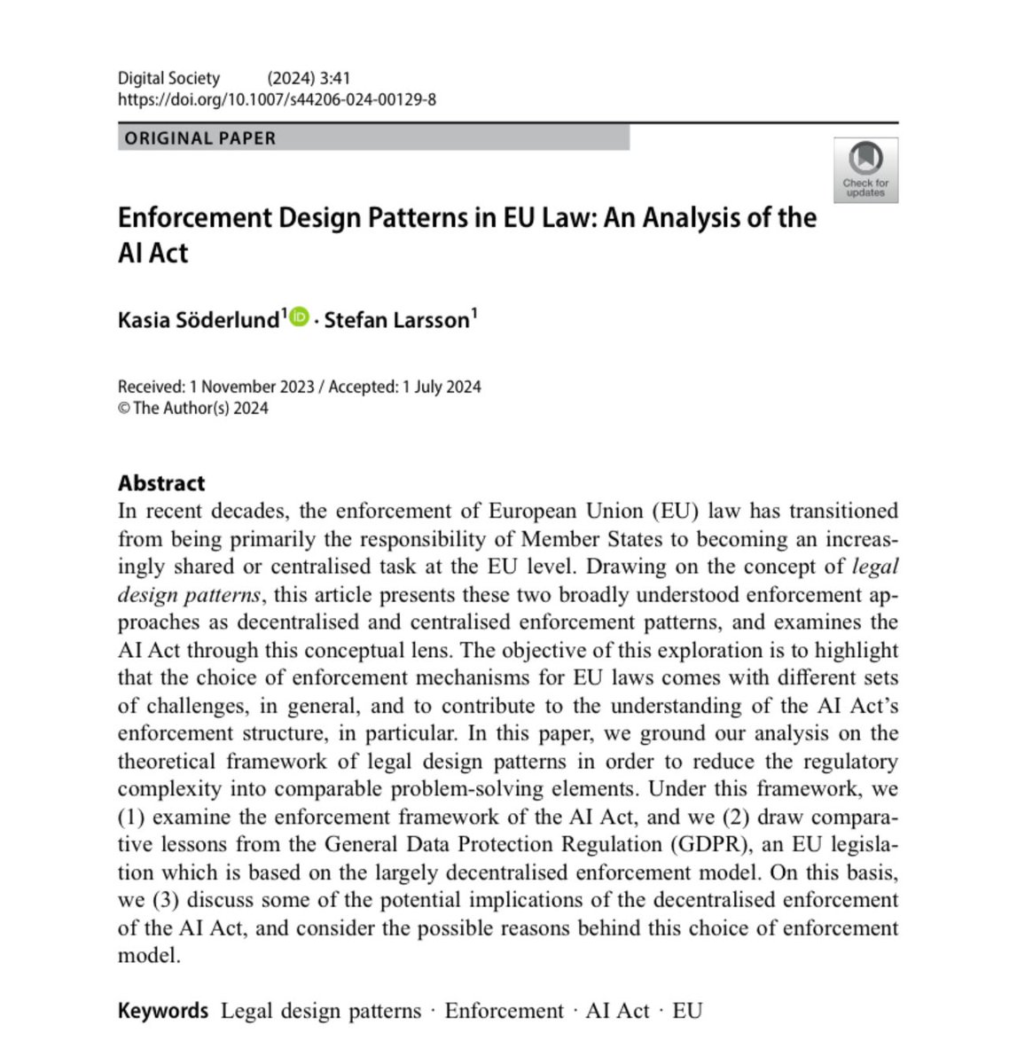 Stefan Larsson (@digitalsocietyl) on Twitter photo New paper! In a special issue on legal design patterns, <a href="/KasiaSoderlund/">Kasia Söderlund</a> and me examine the enforcement framework of the AI Act, and draw comparative lessons from the GDPR.
<a href="/futurenordics/">Future Challenges in the Nordics</a> <a href="/wasp_hs/">WASP-HS</a> <a href="/LTHinfo/">LTH vid Lunds universitet</a> <a href="/Lundsuni/">Lunds universitet</a>
link.springer.com/article/10.100… New paper! In a special issue on legal design patterns, <a href="/KasiaSoderlund/">Kasia Söderlund</a> and me examine the enforcement framework of the AI Act, and draw comparative lessons from the GDPR.
<a href="/futurenordics/">Future Challenges in the Nordics</a> <a href="/wasp_hs/">WASP-HS</a> <a href="/LTHinfo/">LTH vid Lunds universitet</a> <a href="/Lundsuni/">Lunds universitet</a>
link.springer.com/article/10.100…