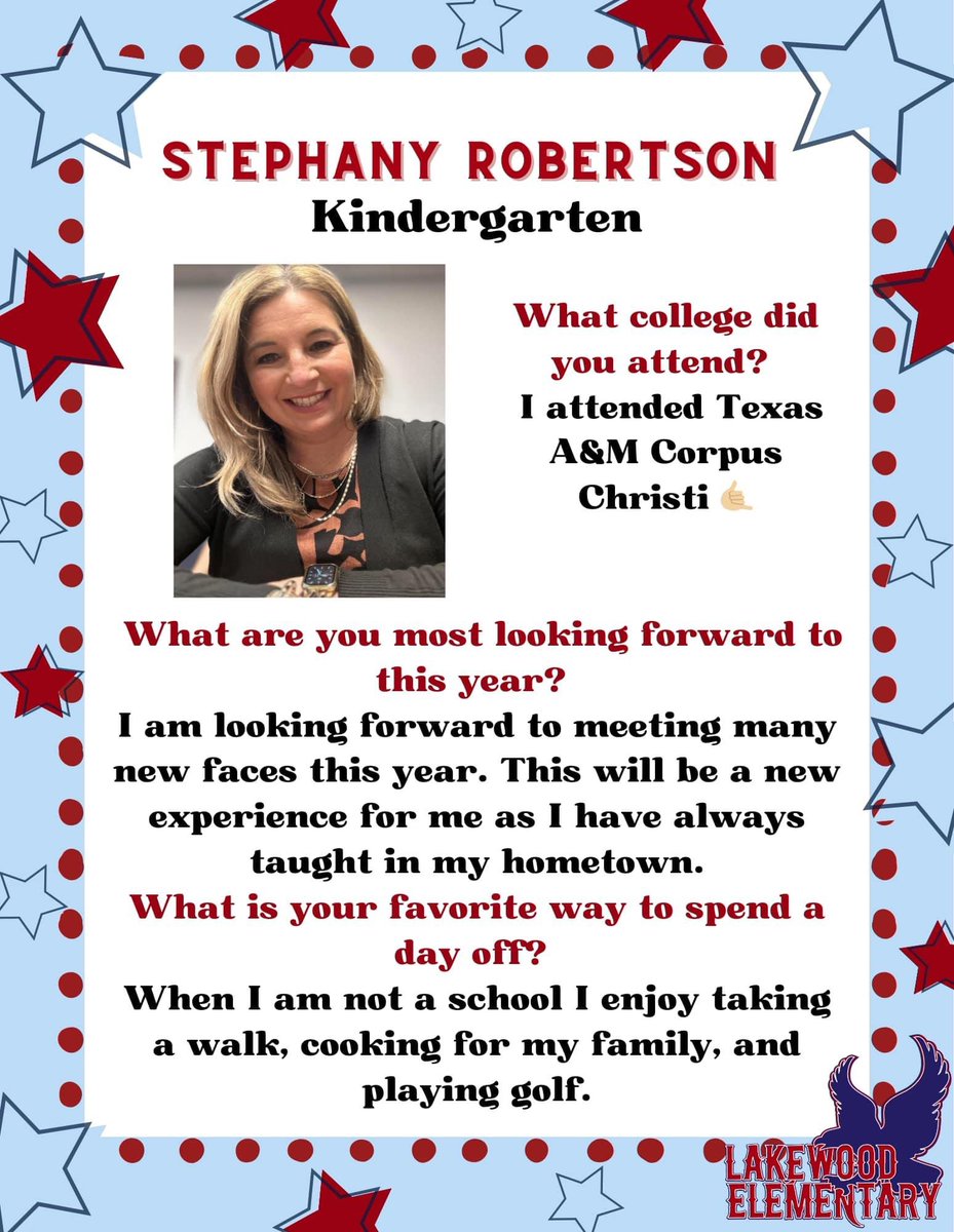 Up next is our new Kindergarten teacher - Mrs. Robertson!! We are so excited she is joining us and cannot wait to see the lives she impacts in Kindergarten. ❤️🦅💙 <a href="/HEBISDpeople/">HEB ISD People</a>